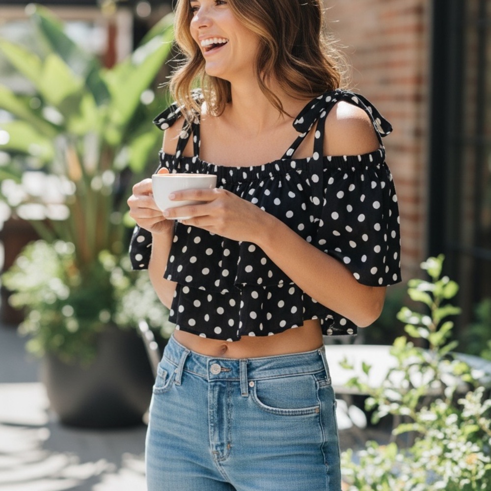 Poka dot-crop top-Flowy ties at shoulder-100% Rayon-made in India
